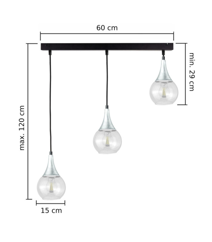 Lacrima Bar Pendant Ceiling Light Black Silver Transparent Glass Shade 3x E27-2