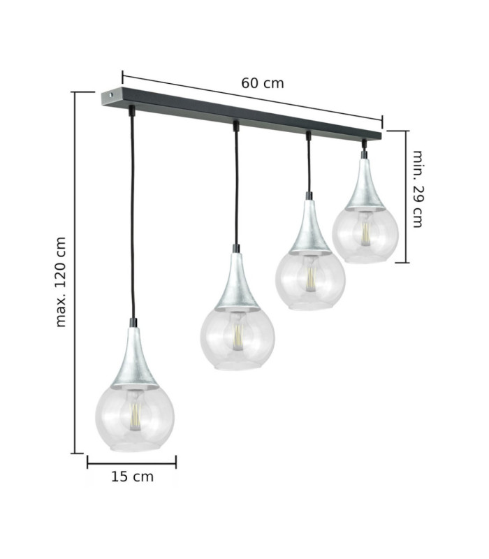 Lacrima Bar Pendant Ceiling Light Black Silver Transparent Glass Shade 4x E27-2