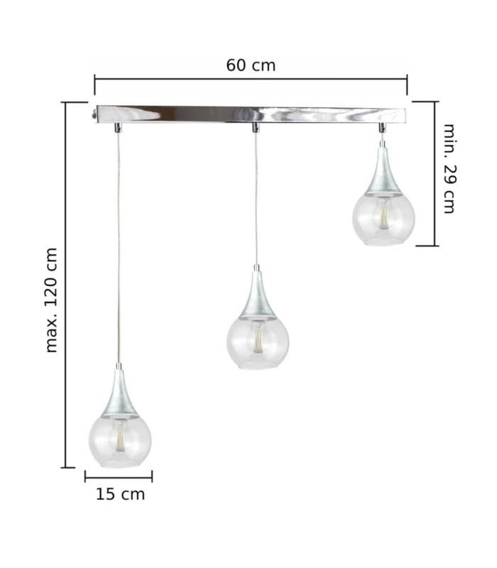 Lacrima Bar Pendant Ceiling Light Silver Transparent Glass Shade 3x E27-2