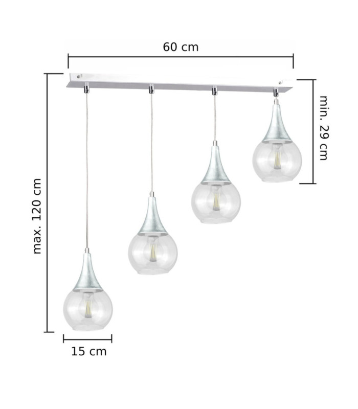Lacrima Bar Pendant Ceiling Light Silver Transparent Glass Shade 4x E27-2
