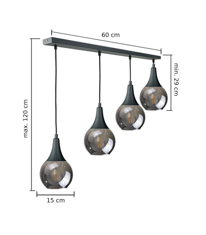 Lacrima Bar Pendant Ceiling Light Black Smoky Glass Shade 4x E27-2