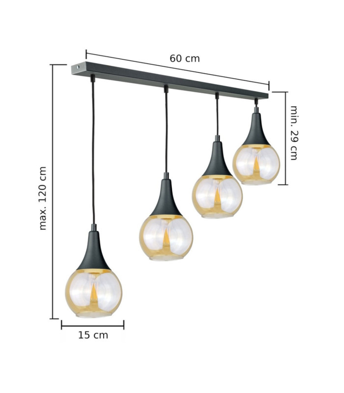 Lacrima Bar Pendant Ceiling Light Black Amber Glass Shade 4x E27-2