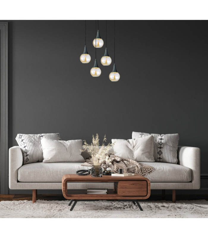 Lacrima Cluster Pendant Ceiling Light Black Amber Glass Shade 5x E27-3