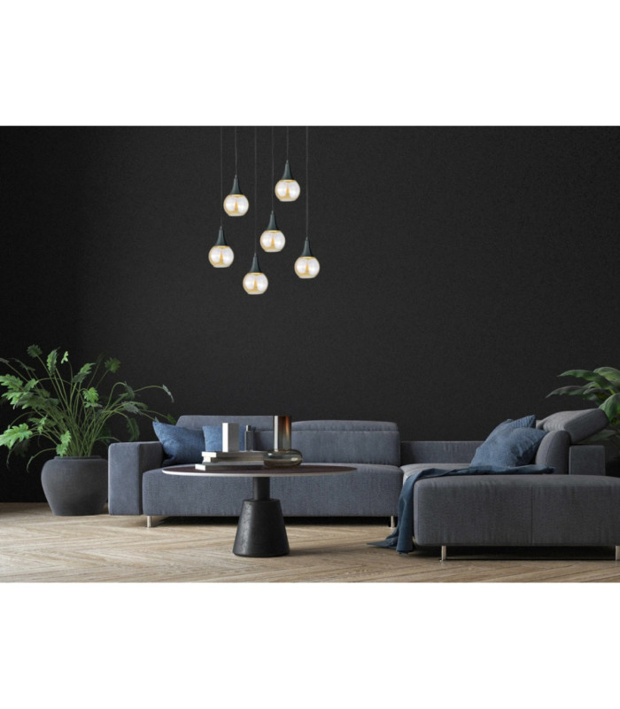 Lacrima Cluster Pendant Ceiling Light Black Amber Glass Shade 6x E27-3