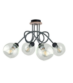 Evie Curved Multi Arm Semi Flush Ceiling Lamp Black Wood Transparent Glass Shade 4x E27-1