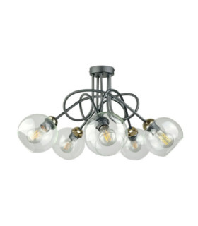 Evie Curved Multi Arm Semi Flush Ceiling Lamp Black Gold Transparent Glass Shade 5x E27-1