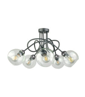 Evie Curved Multi Arm Semi Flush Ceiling Lamp Black Silver Transparent Glass Shade 5x E27-1