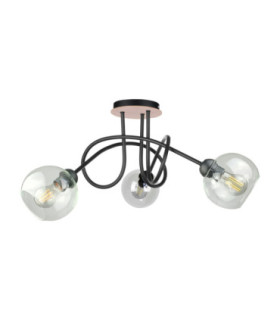 Evie Curved Multi Arm Semi Flush Ceiling Lamp Black Wood Transparent Glass Shade 3x E27-1