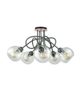 Evie Curved Multi Arm Semi Flush Ceiling Lamp Black Wood Transparent Glass Shade 5x E27-1
