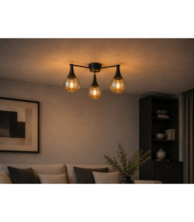 Star Multi Arm Semi Flush Ceiling Lamp Black Amber Glass Shade 3x E27-2