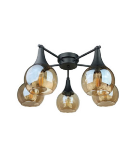 Star Multi Arm Semi Flush Ceiling Lamp Black Amber Glass Shade 5x E27-1