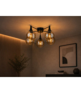 Star Multi Arm Semi Flush Ceiling Lamp Black Amber Glass Shade 5x E27-2