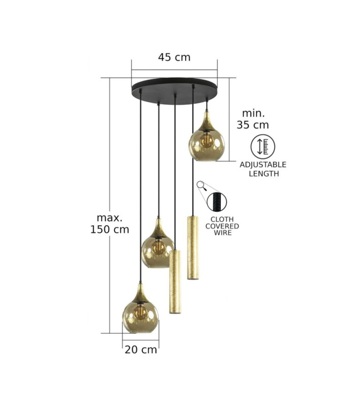 Calypso Cluster Pendant Ceiling Light Black Gold Amber Gold Glass Shade 3x E27/GU10-6
