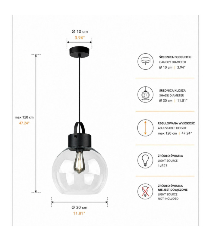 Hanson Dome Pendant Ceiling Light Black Transparent Glass Shade 1x E27-4