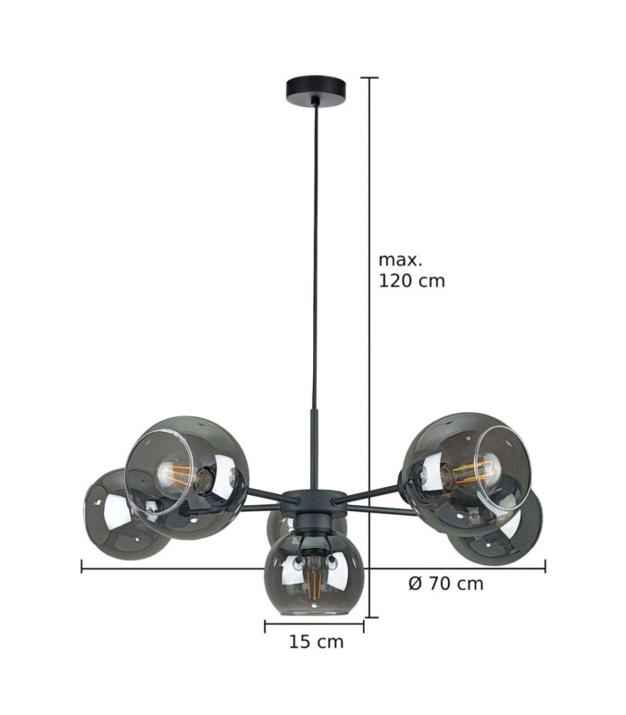 Kaliope Multi Arm Pendant Ceiling Light Black Smoky Glass Shade 6x E27-3
