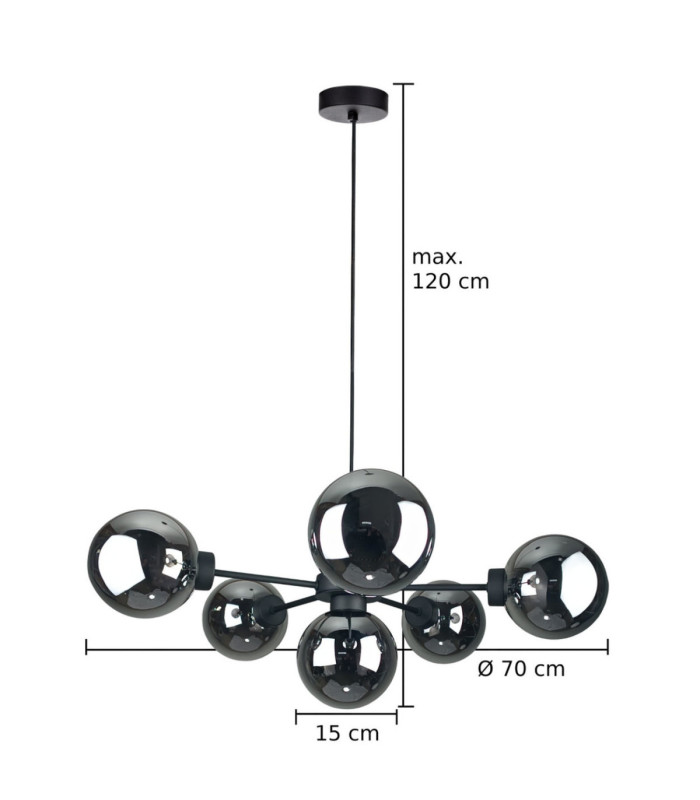 Kaliope Globe Ceiling Light Black Smoky Glass Shade 6x E27-3