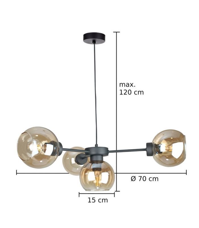 Kaliope Multi Arm Pendant Ceiling Light Black Amber Glass Shade 4x E27-3