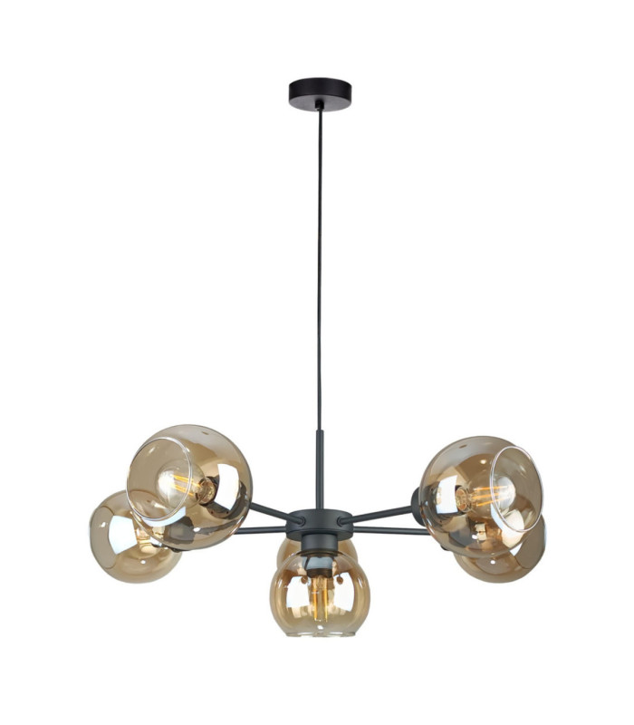Kaliope Multi Arm Pendant Ceiling Light Black Amber Glass Shade 6x E27-1