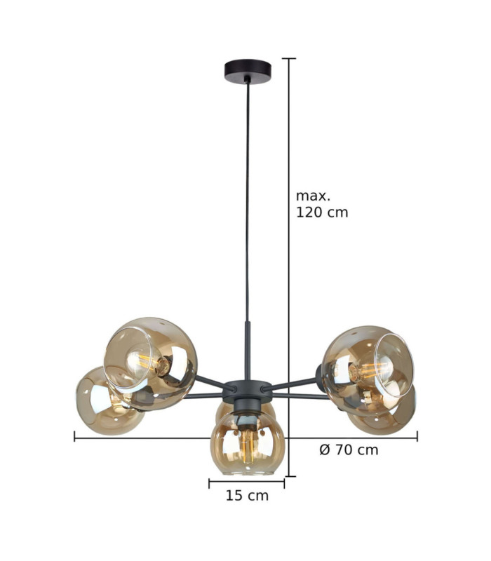 Kaliope Multi Arm Pendant Ceiling Light Black Amber Glass Shade 6x E27-3