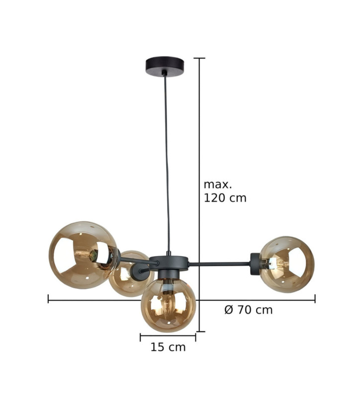 Kaliope Globe Ceiling Light Black Amber Glass Shade 4x E27-3