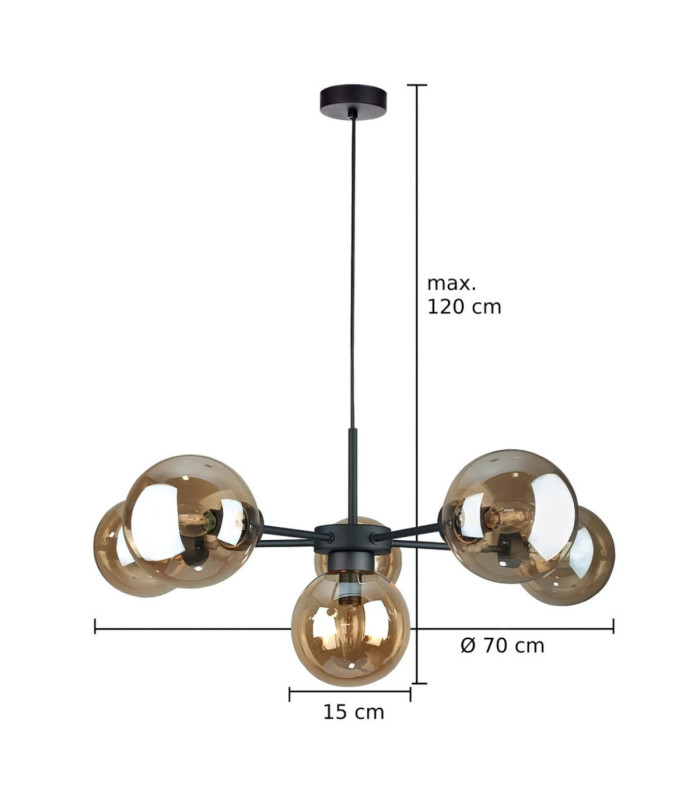 Kaliope Globe Ceiling Light Black Amber Glass Shade 6x E27-3