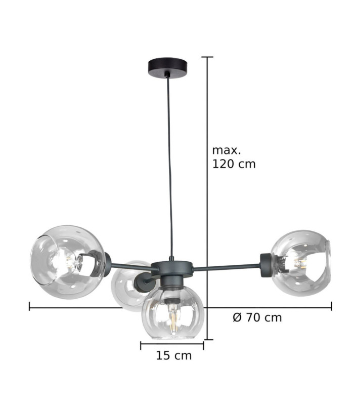 Kaliope Multi Arm Pendant Ceiling Light Black Transparent Glass Shade 4x E27-3