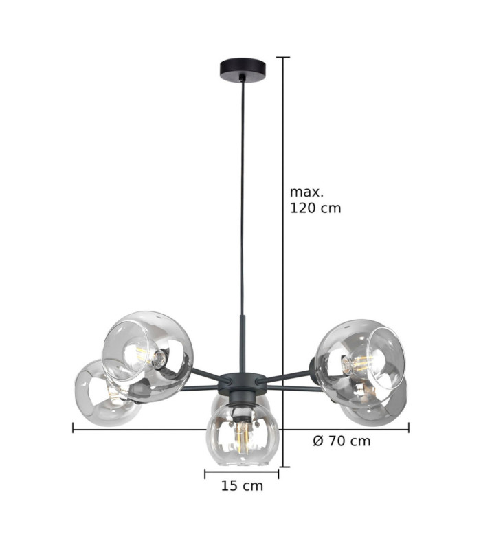 Kaliope Multi Arm Pendant Ceiling Light Black Transparent Glass Shade 6x E27-3