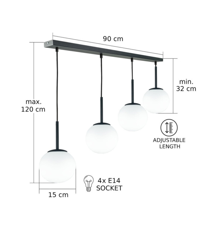 Mondi Bar Pendant Ceiling Light Black White Glass Shade 4x E27-5