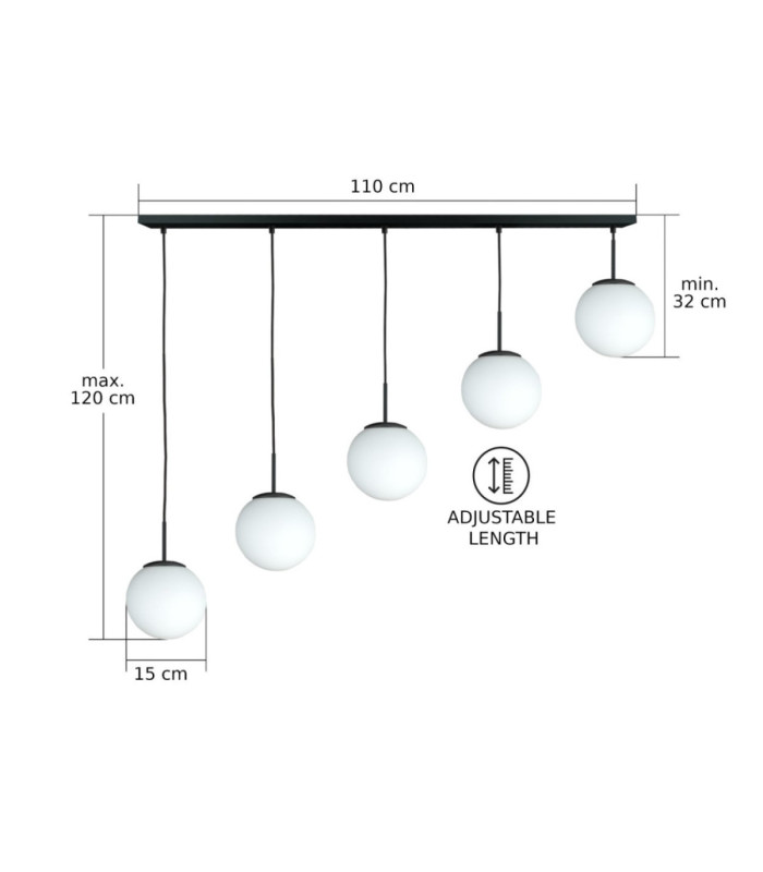 Mondi Bar Pendant Ceiling Light Black White Glass Shade 5x E27-5