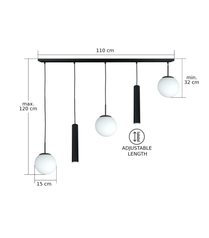 Mondi Bar Pendant Ceiling Light Black White Glass Shade 5x E27/GU10-5