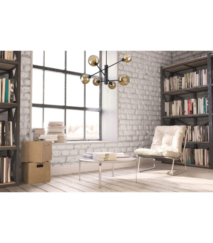 Illumo Multi Arm Semi Flush Ceiling Lamp Black Amber Glass Shade 6x E27-2