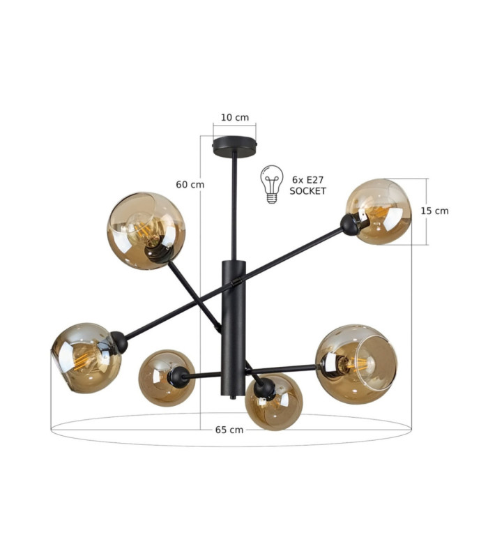 Illumo Multi Arm Semi Flush Ceiling Lamp Black Amber Glass Shade 6x E27-3