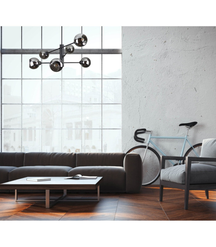 Illumo Multi Arm Semi Flush Ceiling Lamp Black Smoky Glass Shade 6x E27-2