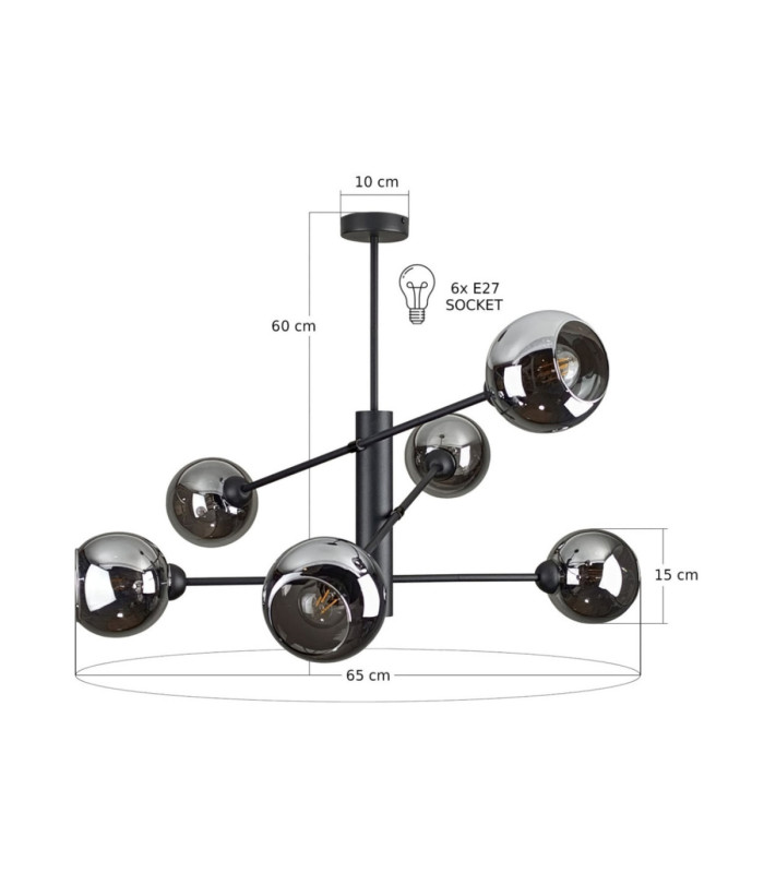 Illumo Multi Arm Semi Flush Ceiling Lamp Black Smoky Glass Shade 6x E27-3