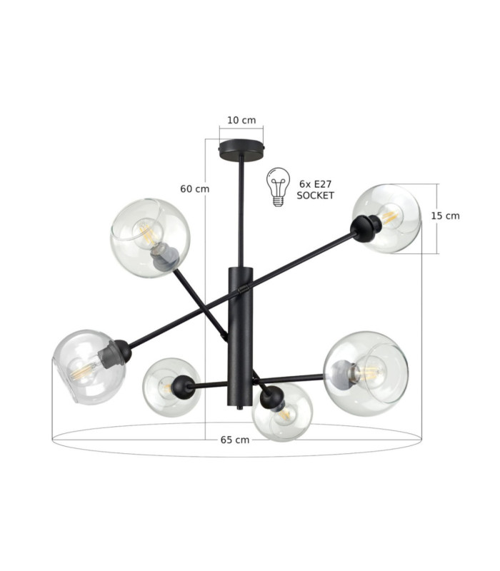 Illumo Multi Arm Semi Flush Ceiling Lamp Black Glass Shade 6x E27-3