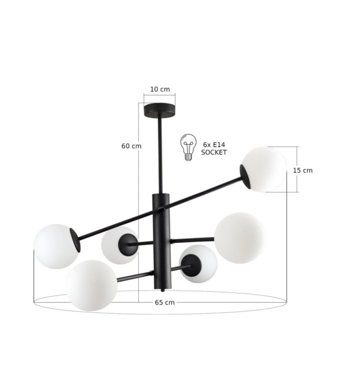 Solen Multi Arm Semi Flush Ceiling Lamp Black White Glass Shade 6x E27-3