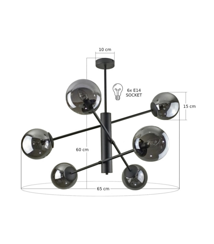 Solen Multi Arm Semi Flush Ceiling Lamp Black Smoky Glass Shade 6x E27-3