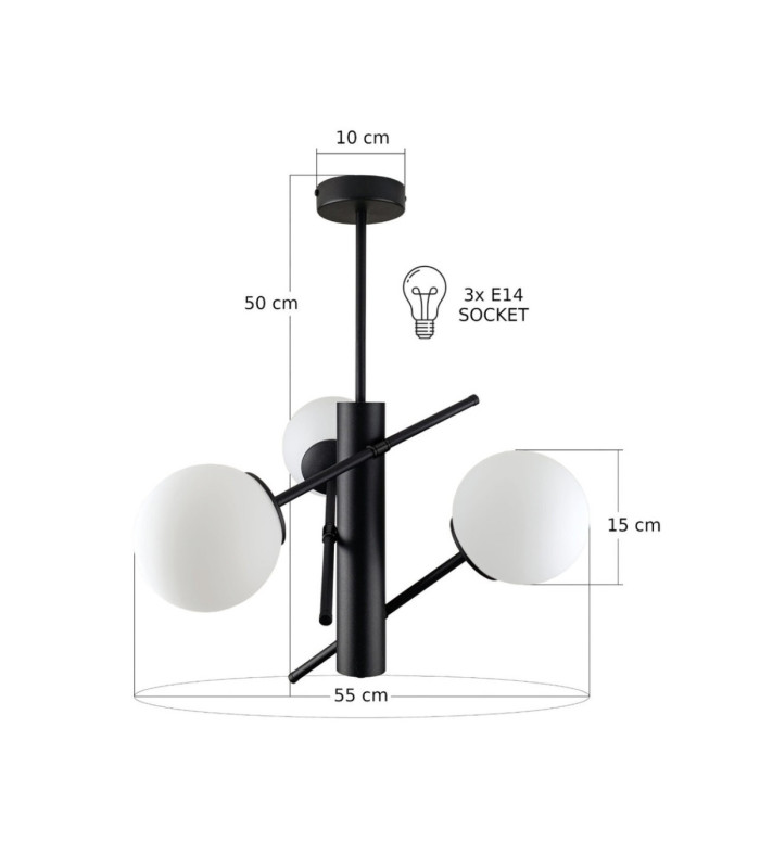 Naxis Multi Arm Semi Flush Ceiling Lamp Black White Glass Shade 3x E27-3