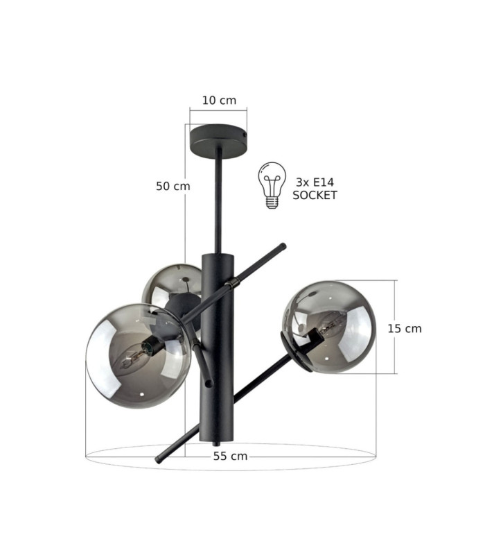 Naxis Multi Arm Semi Flush Ceiling Lamp Black Smoky Glass Shade 3x E27-3