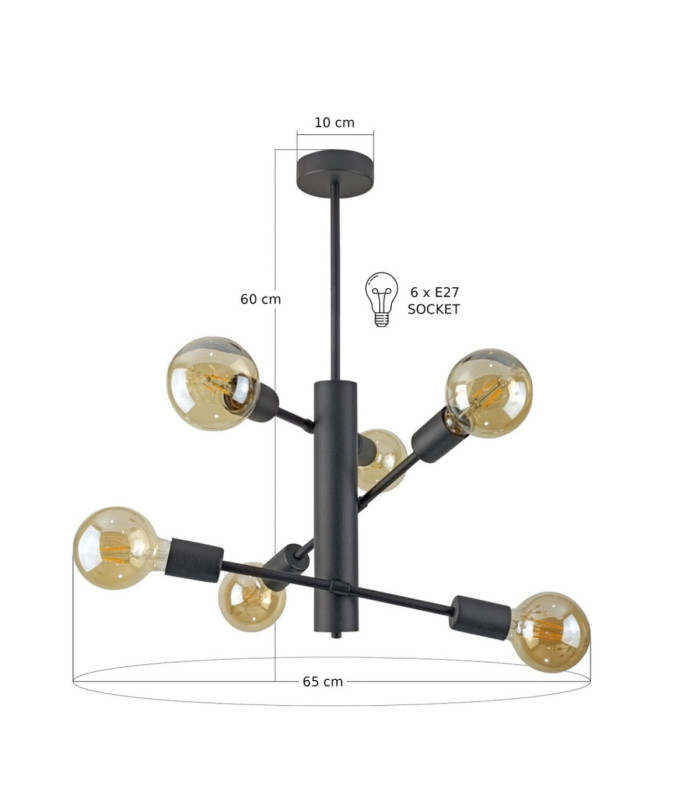 Velum Multi Arm Semi Flush Ceiling Lamp Black 6x E27-3