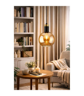 Auralis Dome Pendant Ceiling Light Black Gold Amber Glass Shade 1x E27-2