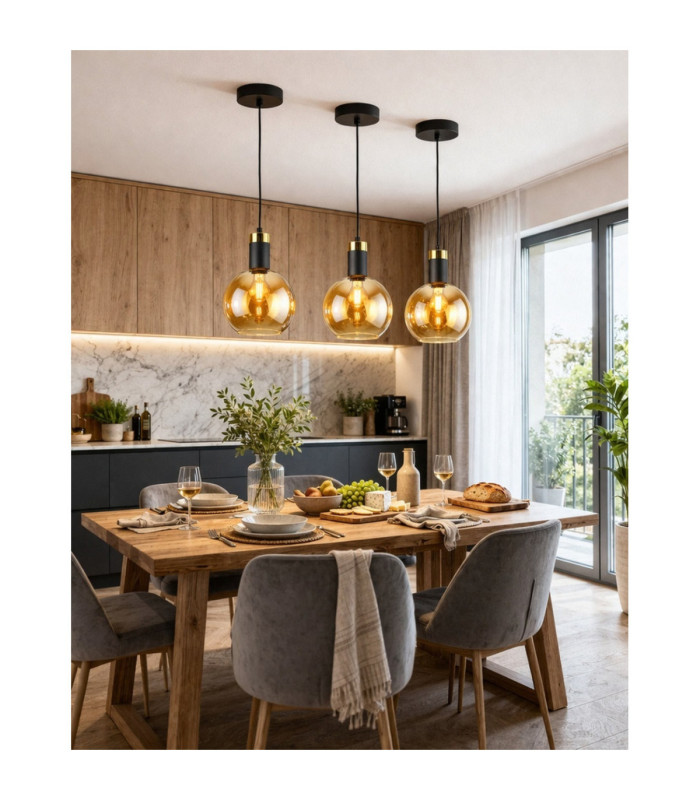 Auralis Dome Pendant Ceiling Light Black Gold Amber Glass Shade 1x E27-5