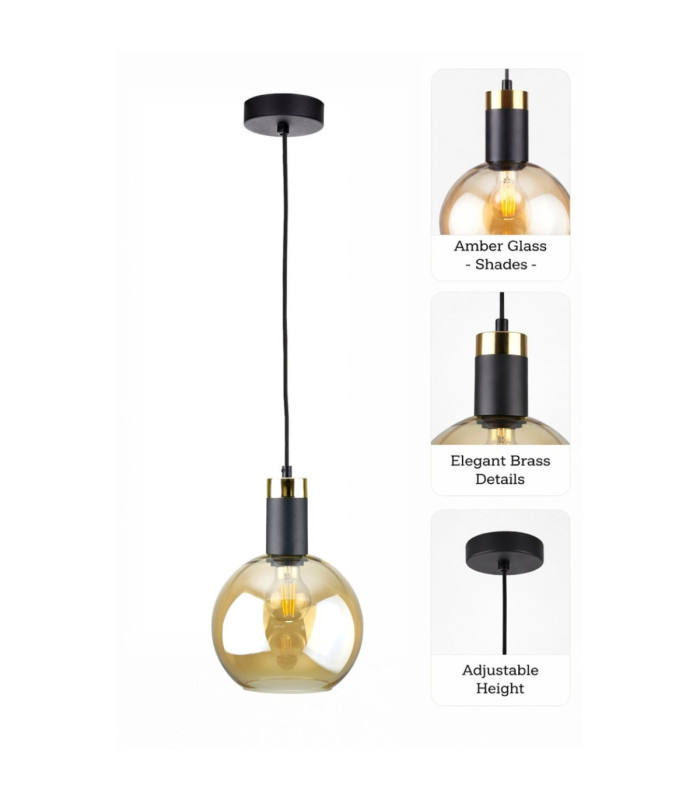 Auralis Dome Pendant Ceiling Light Black Gold Amber Glass Shade 1x E27-6