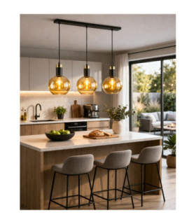 Auralis Bar Pendant Ceiling Light Black Gold Amber Glass Shade 3x E27-2