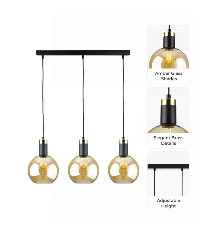 Auralis Bar Pendant Ceiling Light Black Gold Amber Glass Shade 3x E27-5