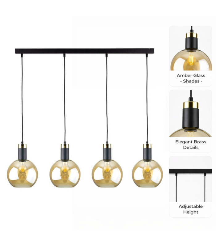 Auralis Bar Pendant Ceiling Light Black Gold Amber Glass Shade 4x E27-5