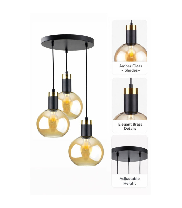 Auralis Cluster Pendant Ceiling Light Black Gold Amber Glass Shade 3x E27-5