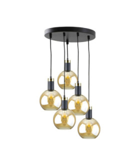 Auralis Cluster Pendant Ceiling Light Black Gold Amber Glass Shade 5x E27-1
