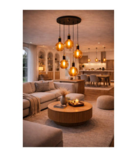 Auralis Cluster Pendant Ceiling Light Black Gold Amber Glass Shade 5x E27-2
