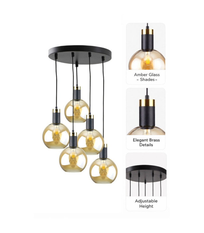 Auralis Cluster Pendant Ceiling Light Black Gold Amber Glass Shade 5x E27-4